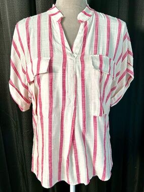 Maeve by Anthropologie White, Pink Striped Cotton, Linen Blend Top, Size M